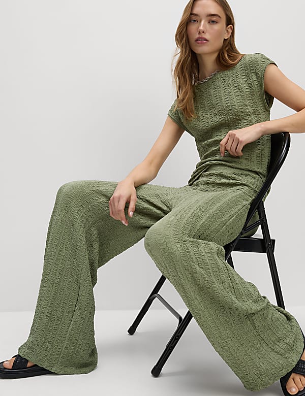 Textured Elasticated Waist Wide Leg Trousers - US