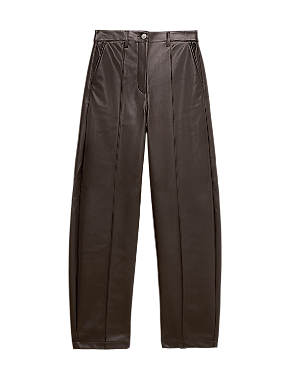 Faux Leather Pintuck Barrel Leg Trousers