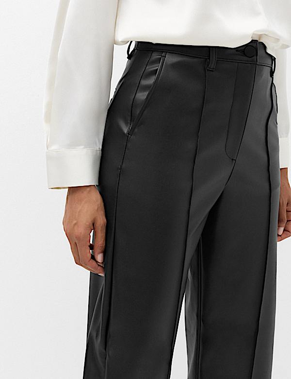 Pantalones de pata de barril con fruncido de imitaci&oacute;n de piel - US