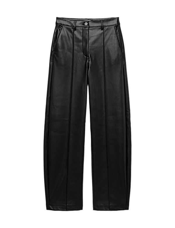 Faux Leather Pintuck Barrel Leg Trousers