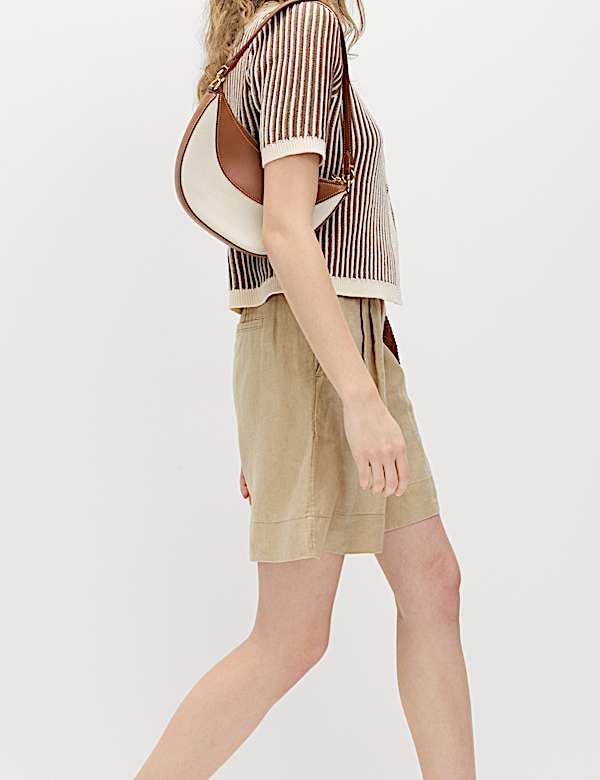 Szorty z wysoką talią w paski 100% lnu - PL