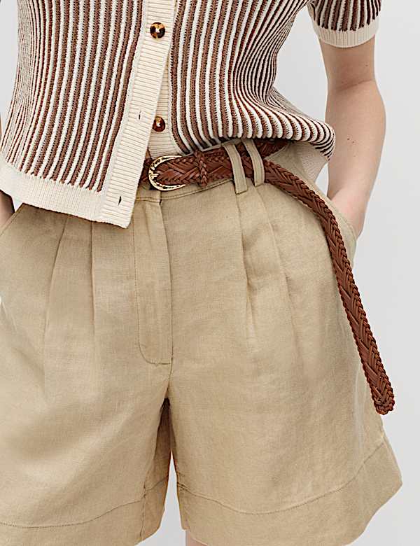 Szorty z wysoką talią w paski 100% lnu - PL