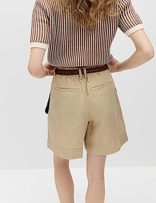 Szorty z wysoką talią w paski 100% lnu - PL