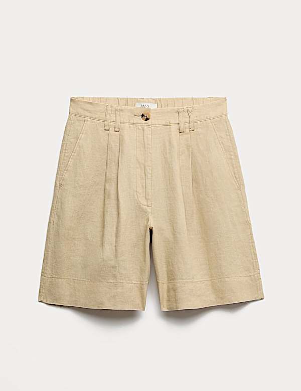 Szorty z wysoką talią w paski 100% lnu - PL