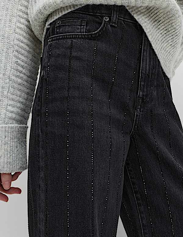 ג'ינס פסים מעוטר בגזרה רחבה וגבוהה - IL