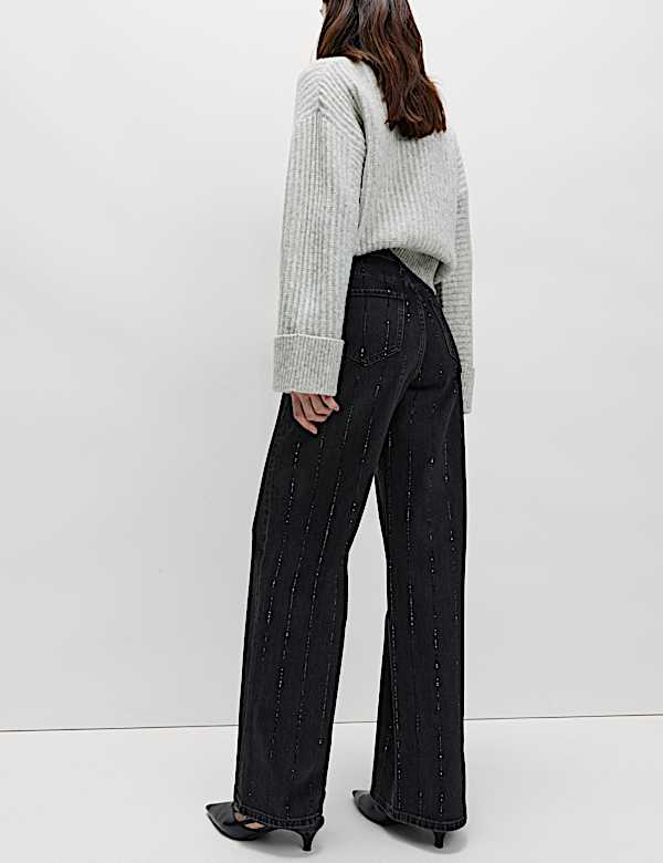 ג'ינס פסים מעוטר בגזרה רחבה וגבוהה - IL