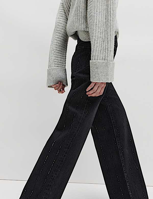 ג'ינס פסים מעוטר בגזרה רחבה וגבוהה - IL