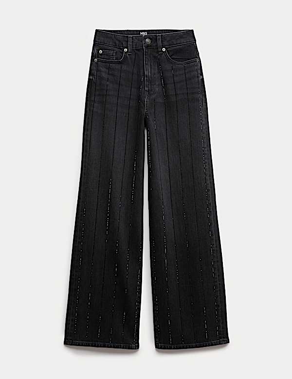 ג'ינס פסים מעוטר בגזרה רחבה וגבוהה - IL