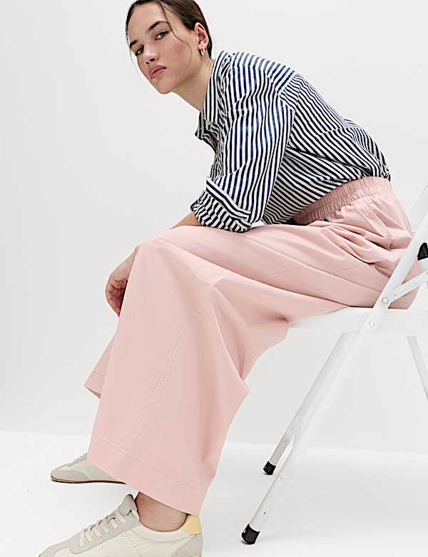 Pure Cotton Poplin Pull On Super Wide Leg Trousers - MV