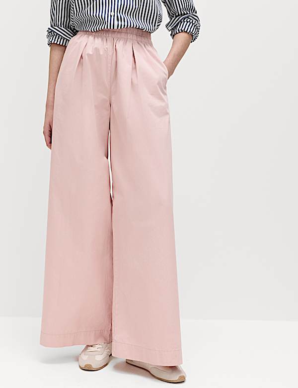 Pure Cotton Poplin Pull On Super Wide Leg Trousers - MV
