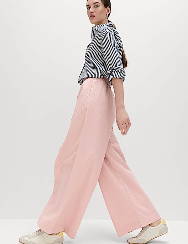 Pure Cotton Poplin Pull On Super Wide Leg Trousers - MV