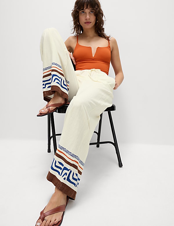 Linen Rich Printed Wide Leg Trousers