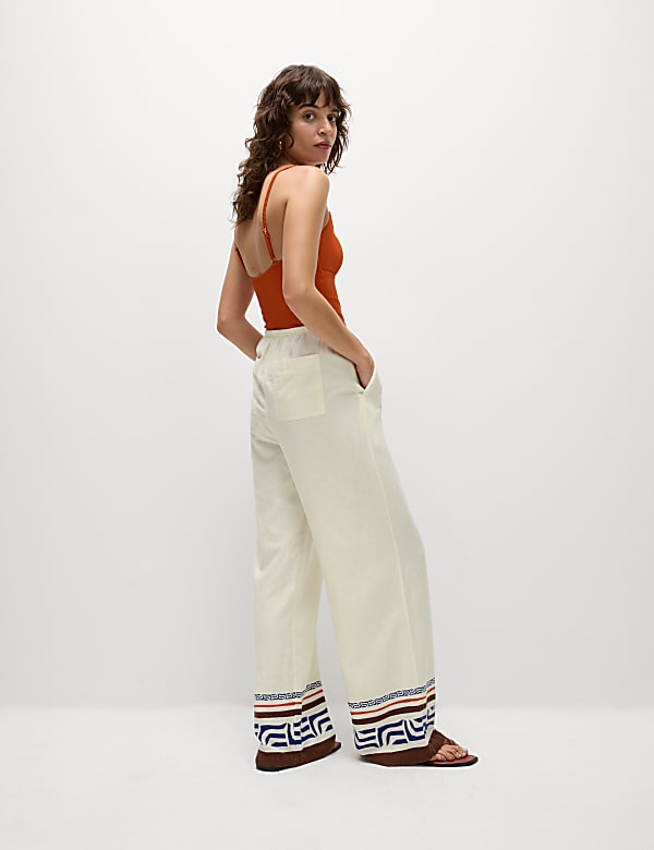 Linen Rich Printed Wide Leg Trousers