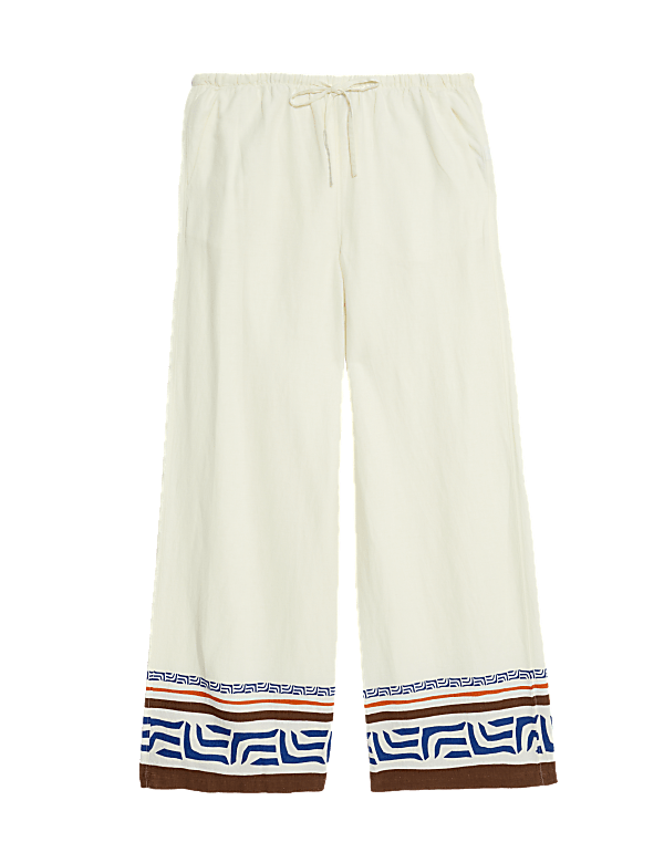 Linen Rich Printed Wide Leg Trousers