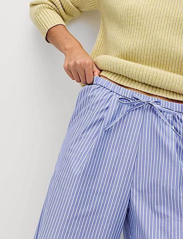 Pure Cotton Striped Drawstring Wide Leg Trousers - AT