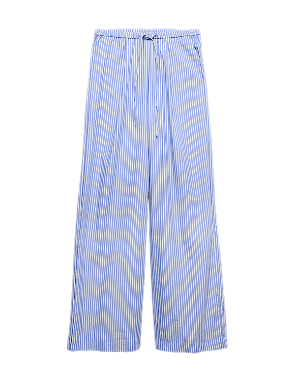 Pure Cotton Striped Drawstring Wide Leg Trousers