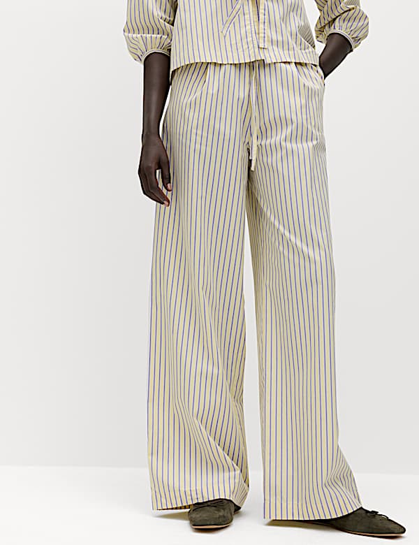 Pure Cotton Striped Drawstring Wide Leg Trousers