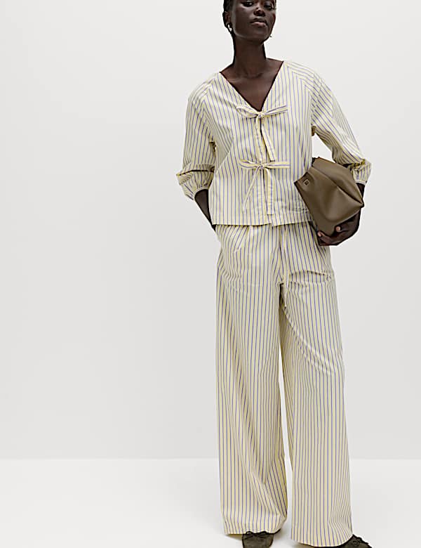 Pure Cotton Striped Drawstring Wide Leg Trousers - HU