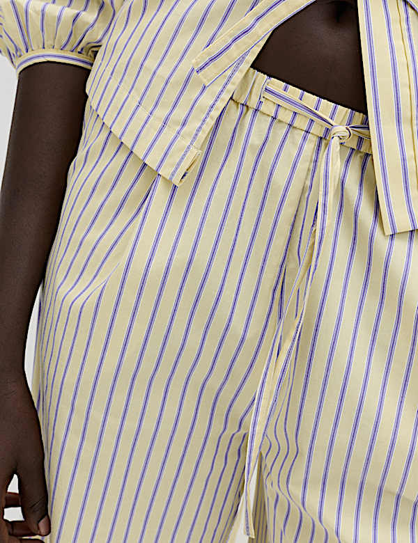 Pure Cotton Striped Drawstring Wide Leg Trousers - HU