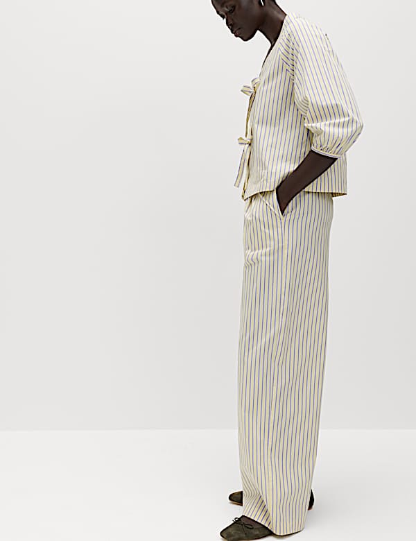 Pure Cotton Striped Drawstring Wide Leg Trousers - HU