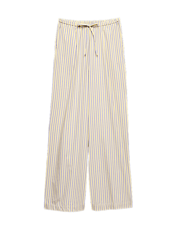 Pure Cotton Striped Drawstring Wide Leg Trousers