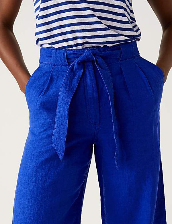Pure Linen Belted Wide Leg Trousers