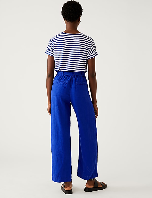 Pure Linen Belted Wide Leg Trousers