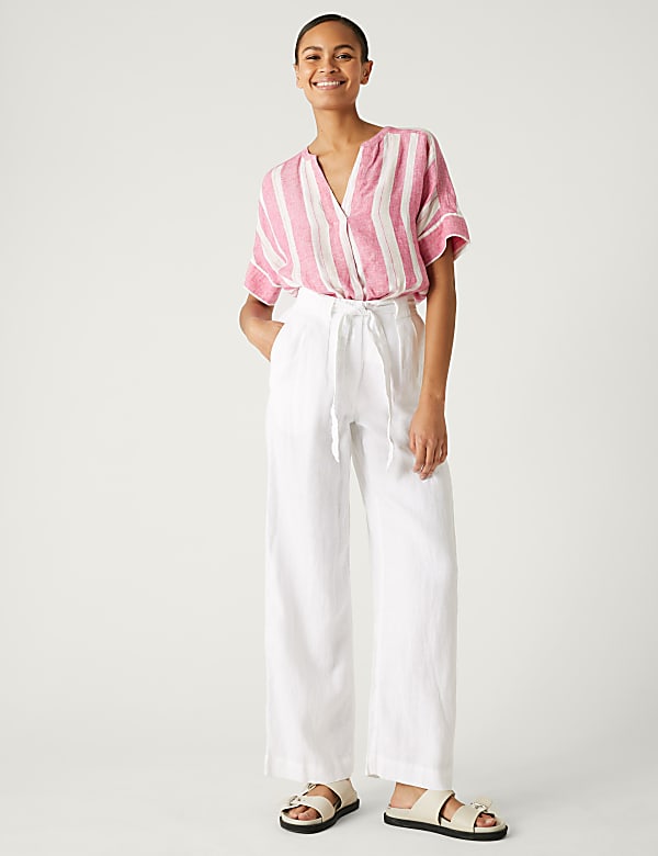 Pure Linen Belted Wide Leg Trousers