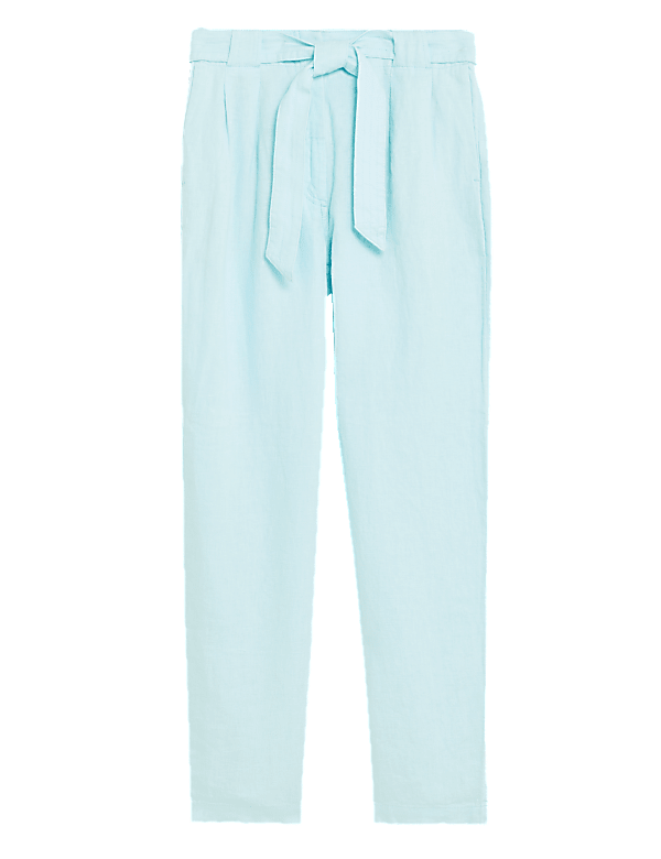 Pure Linen Belted Tapered Trousers