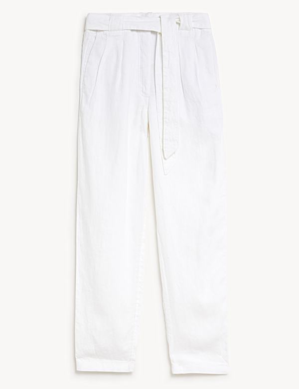 Pure Linen Belted Tapered Trousers