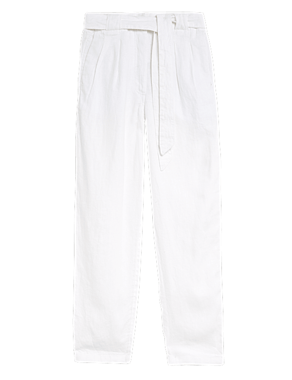 Pure Linen Belted Tapered Trousers