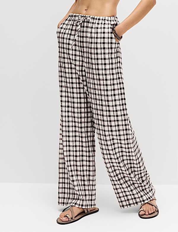 Linen Rich Gingham Wide Leg Trousers