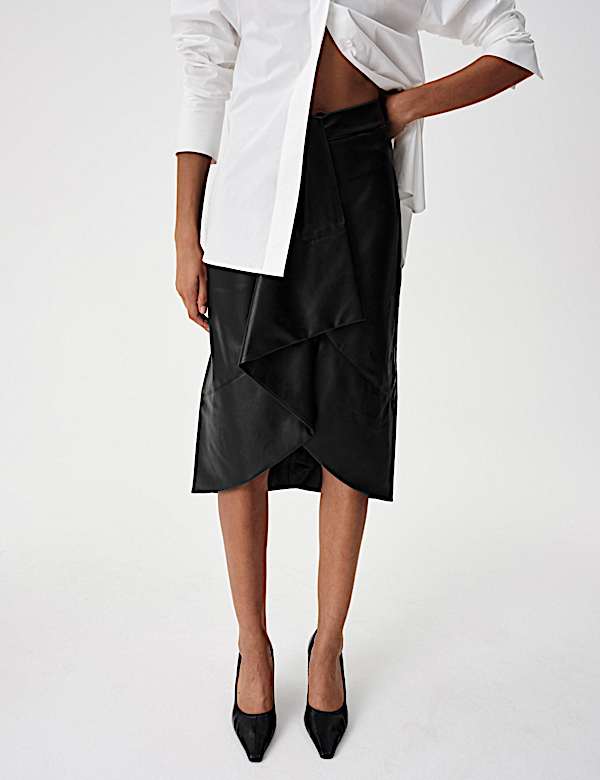 Faux Leather Midi Wrap Skirt - LT