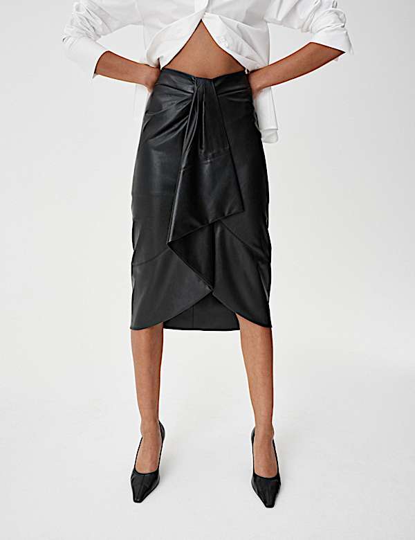 Faux Leather Midi Wrap Skirt - LT
