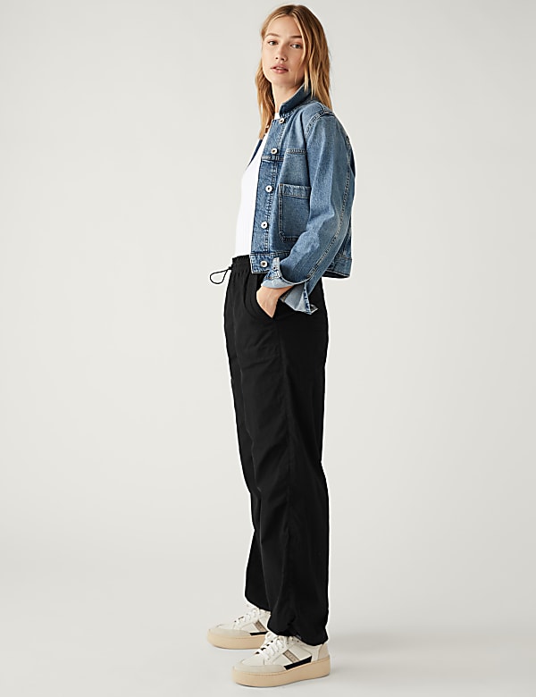 Pure Cotton Cuffed Parachute Trousers BLACK Trousers M S AL