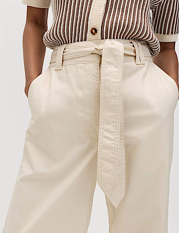 Pure Cotton Belted Straight Leg Trousers - GR