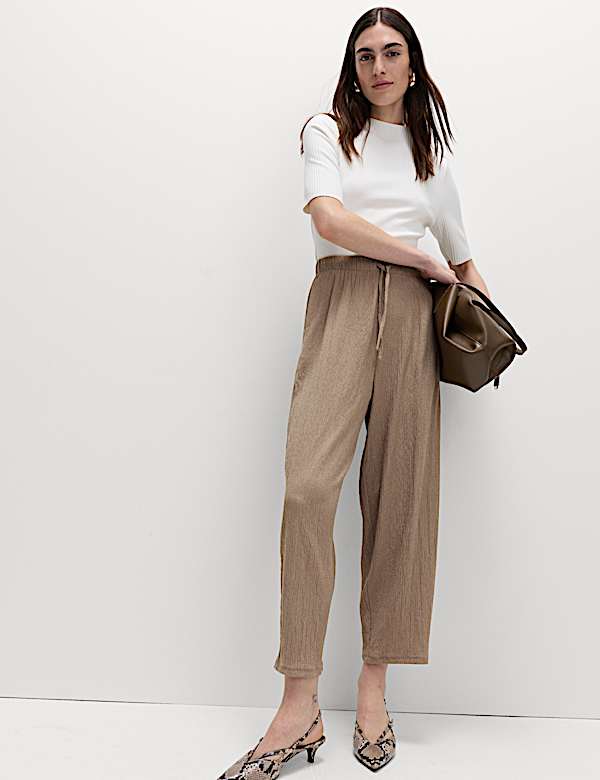 Textured Elasticated Waist Carrot Leg Trousers