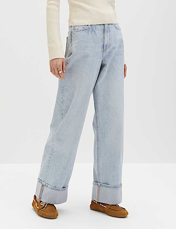 High Waisted Wide Leg Turn Up Jeans - BE