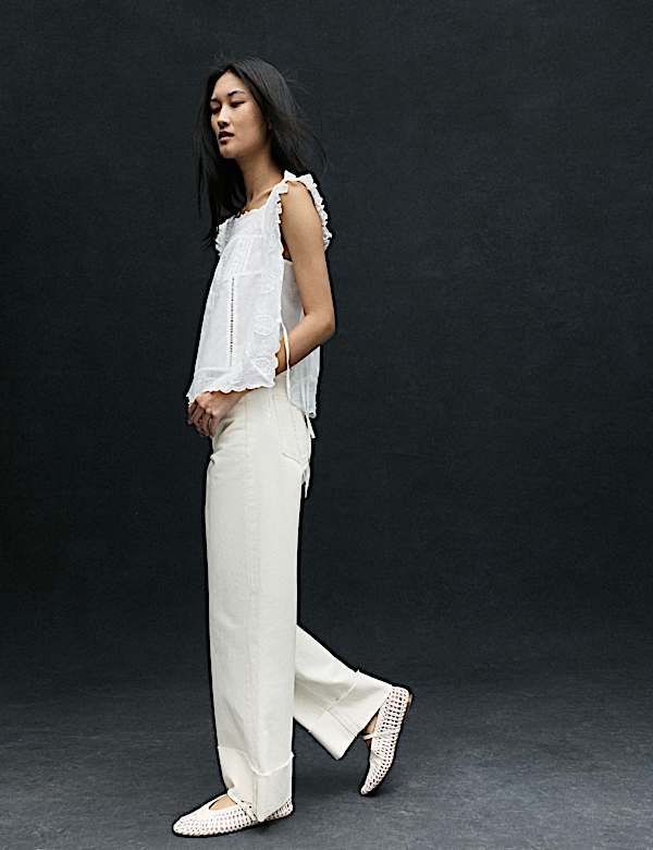 High Waisted Wide Leg Turn Up Jeans - GR