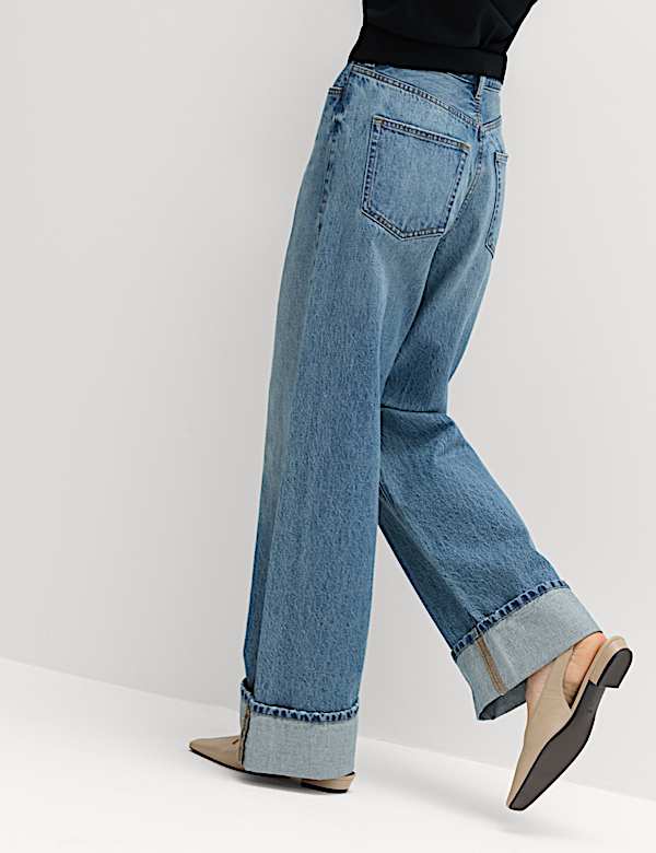 High Waisted Wide Leg Turn Up Jeans - FR
