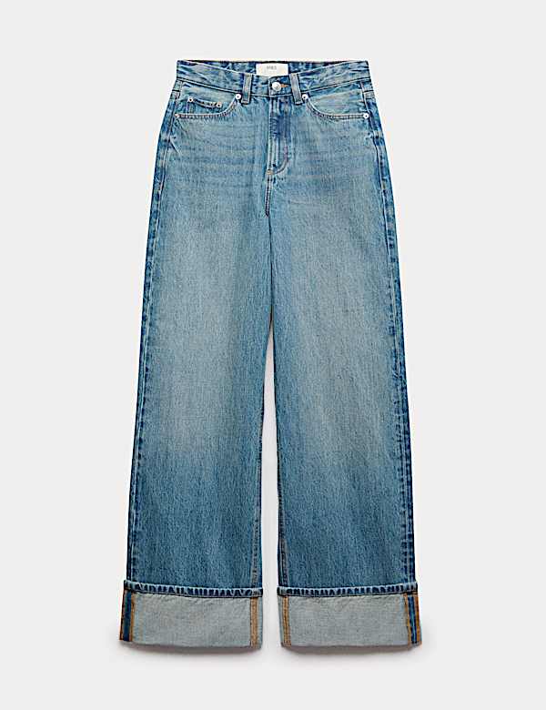 High Waisted Wide Leg Turn Up Jeans - FR
