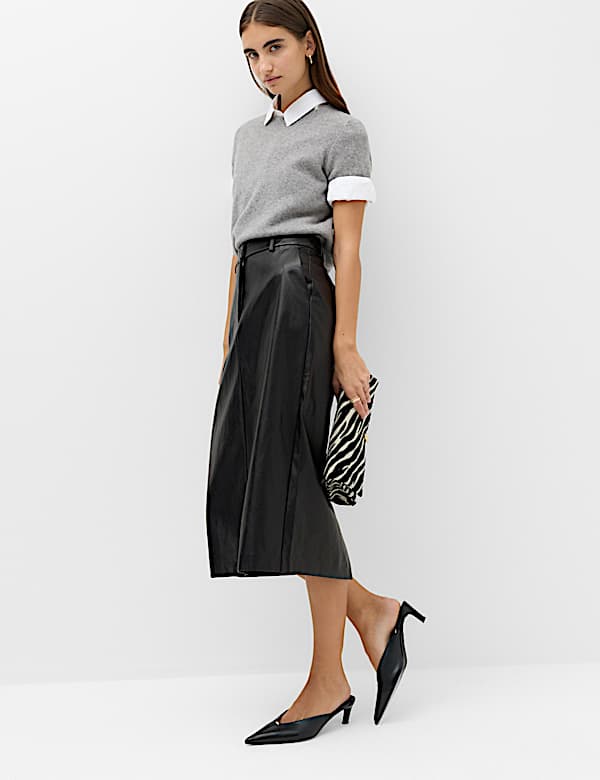Leather Look Split Back Midi Skirt