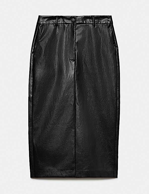 Leather Look Split Back Midi Skirt - US