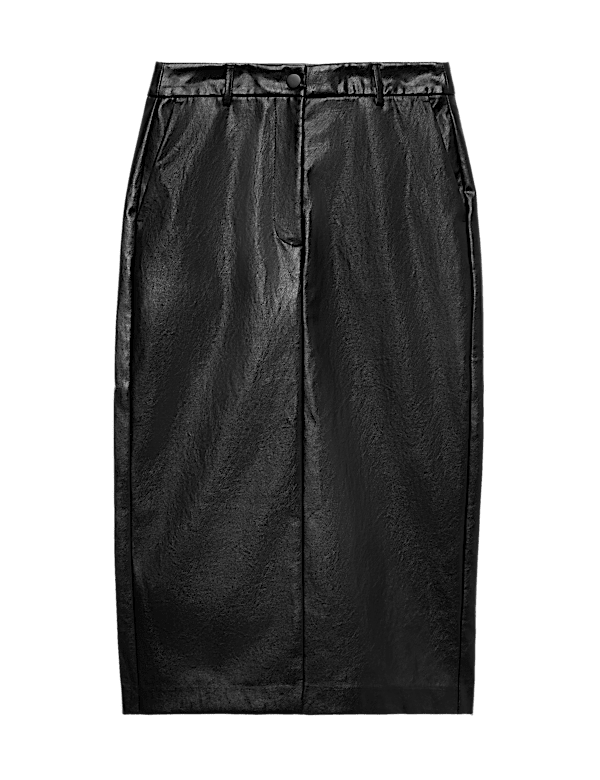 Leather Look Split Back Midi Skirt