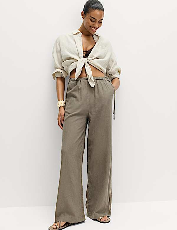 Linen Rich Tie Side Wide Leg Trousers