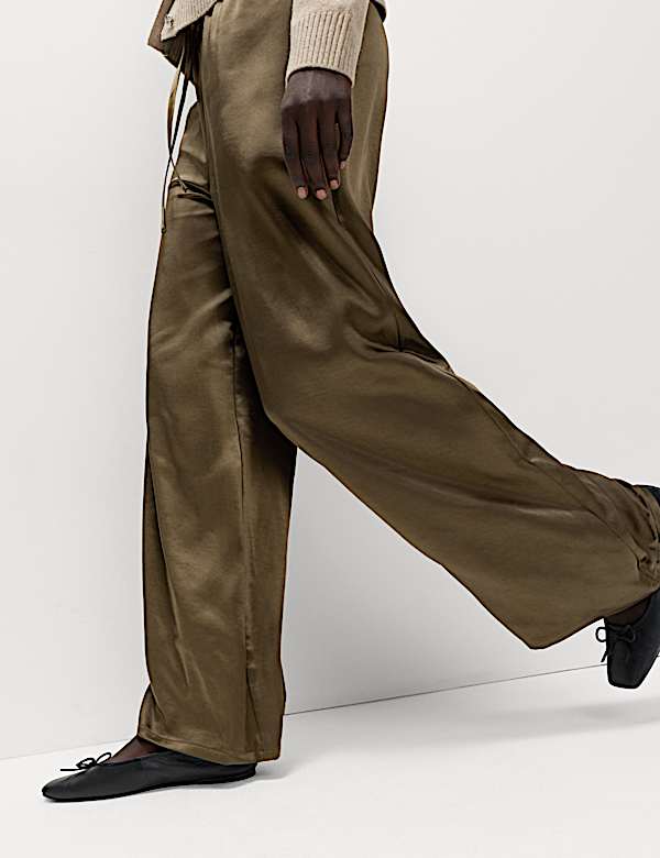 Satin Drawstring Wide Leg Trousers - AU