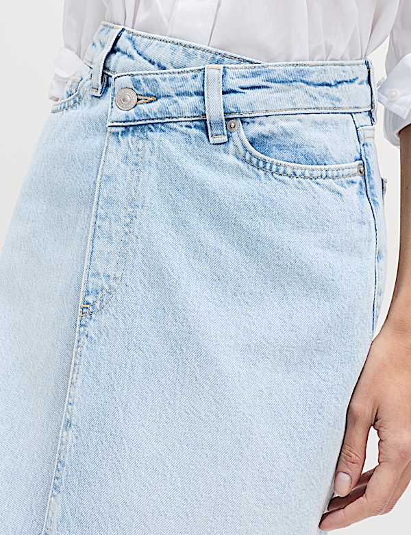 Pure Cotton Denim Asymmetric Midi Wrap Skirt