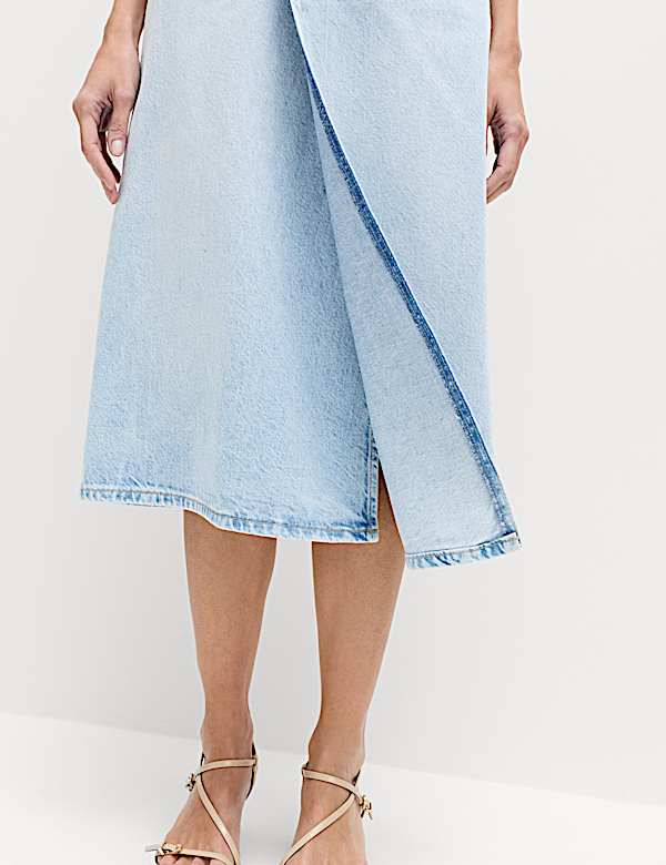 Pure Cotton Denim Asymmetric Midi Wrap Skirt
