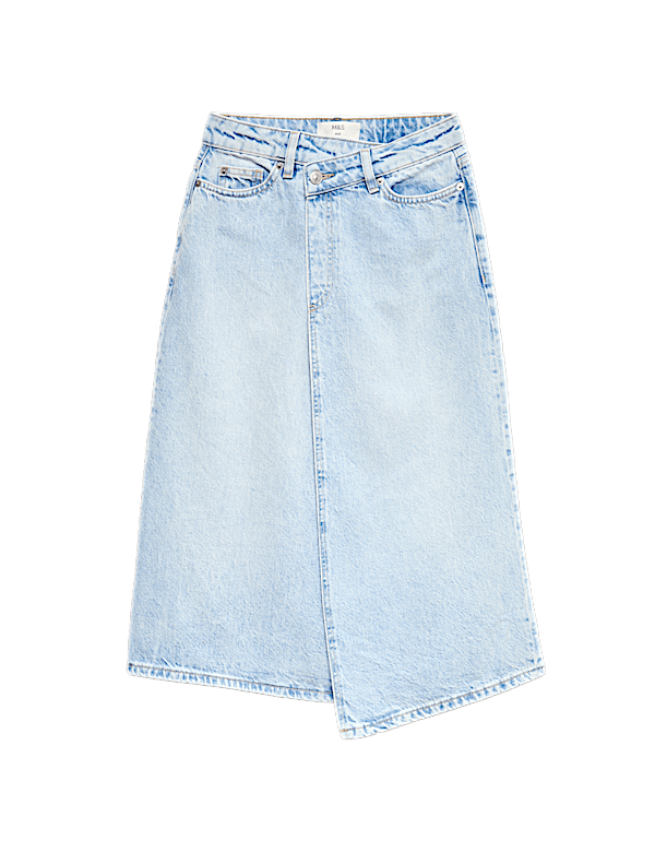 Pure Cotton Denim Asymmetric Midi Wrap Skirt