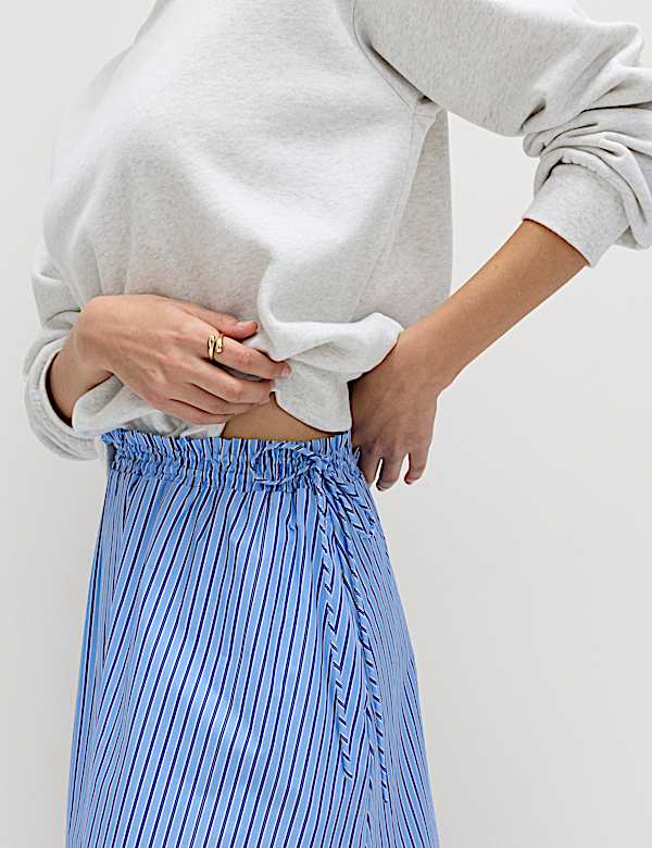Pure Cotton Poplin Striped Pleated Midi Skirt - FI